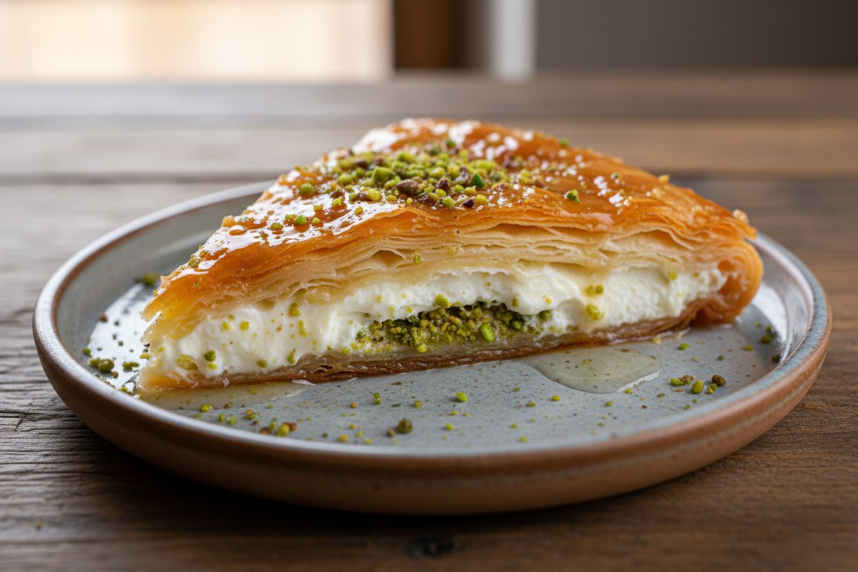 Şerbetli katmer dilimi, fıstık serpme