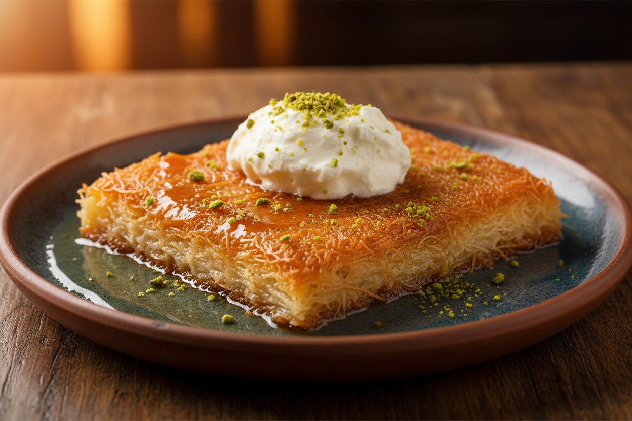 Kaymaklı künefe porsiyonu, üstünde kaymak topağı